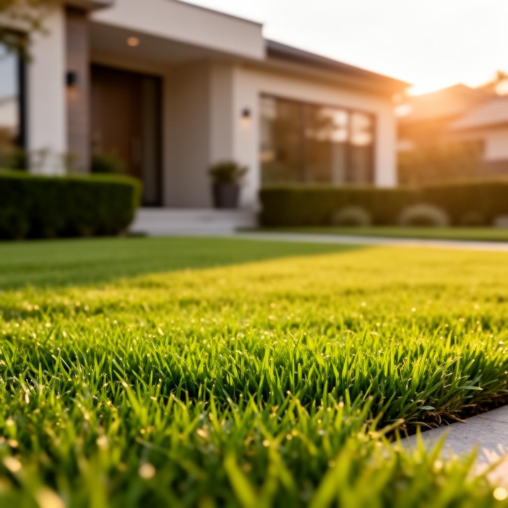 Manicured front lawn at golden hour