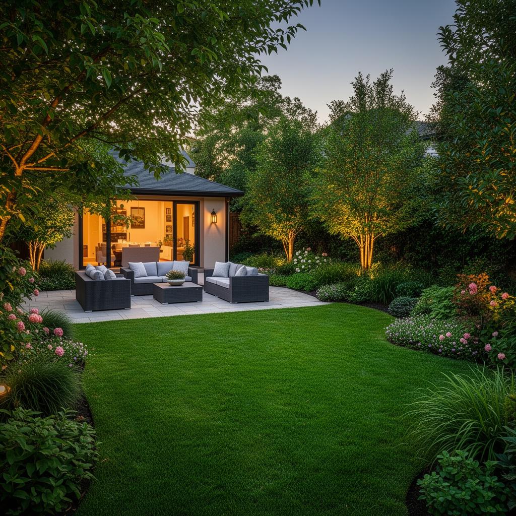 Backyard patio with lush grass